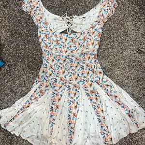 Free People Ponderosa Pink Floral Cutout Back Lace Up Pleated Mini Dress Size M